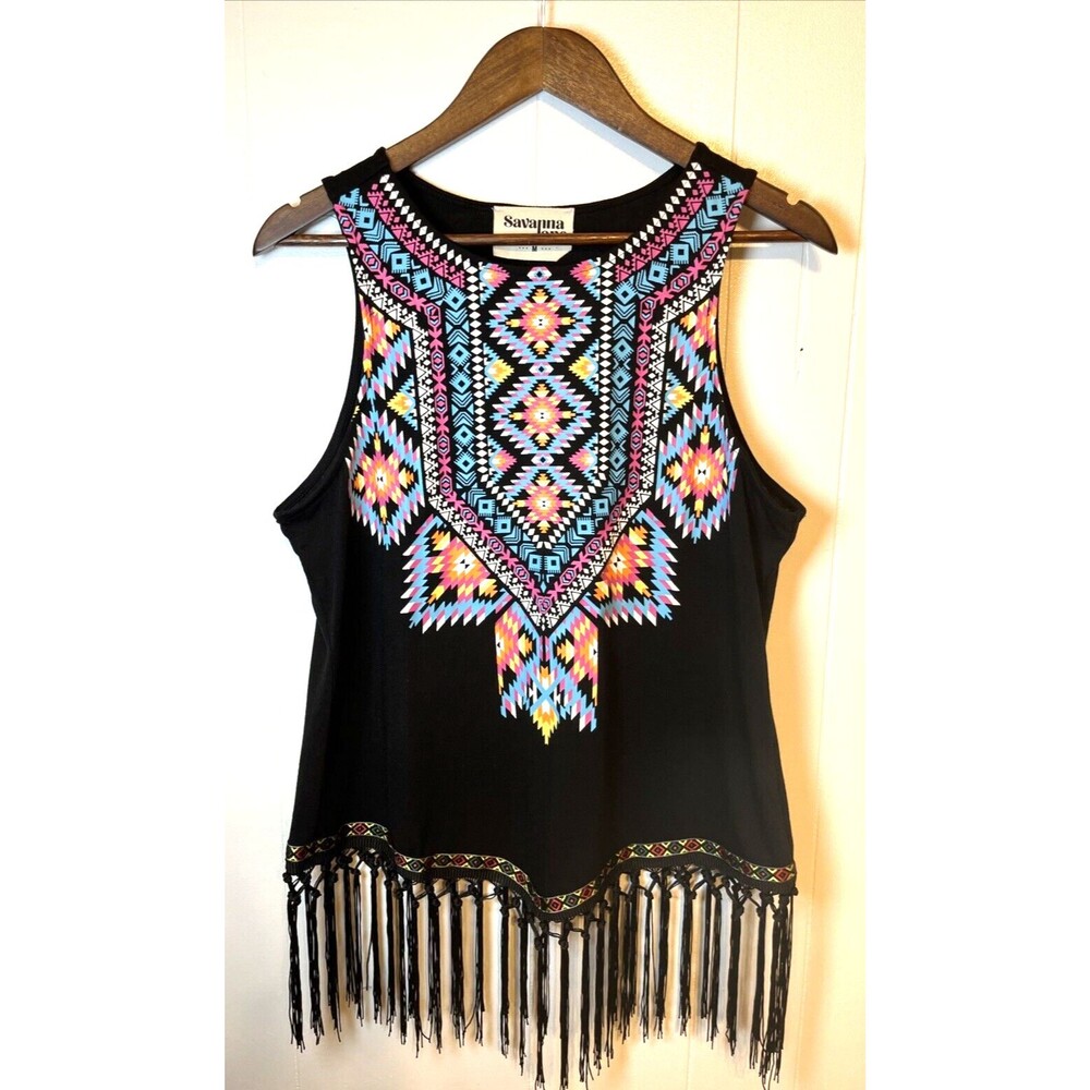 Savannah Jane Women's Size Medium Black Tank Aztec Print Fringe - Picture 3 of 8